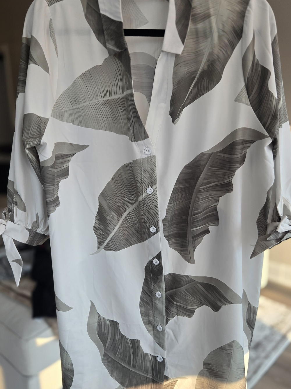 Women's Button-Up Shirt Dress with Green Leaf Print